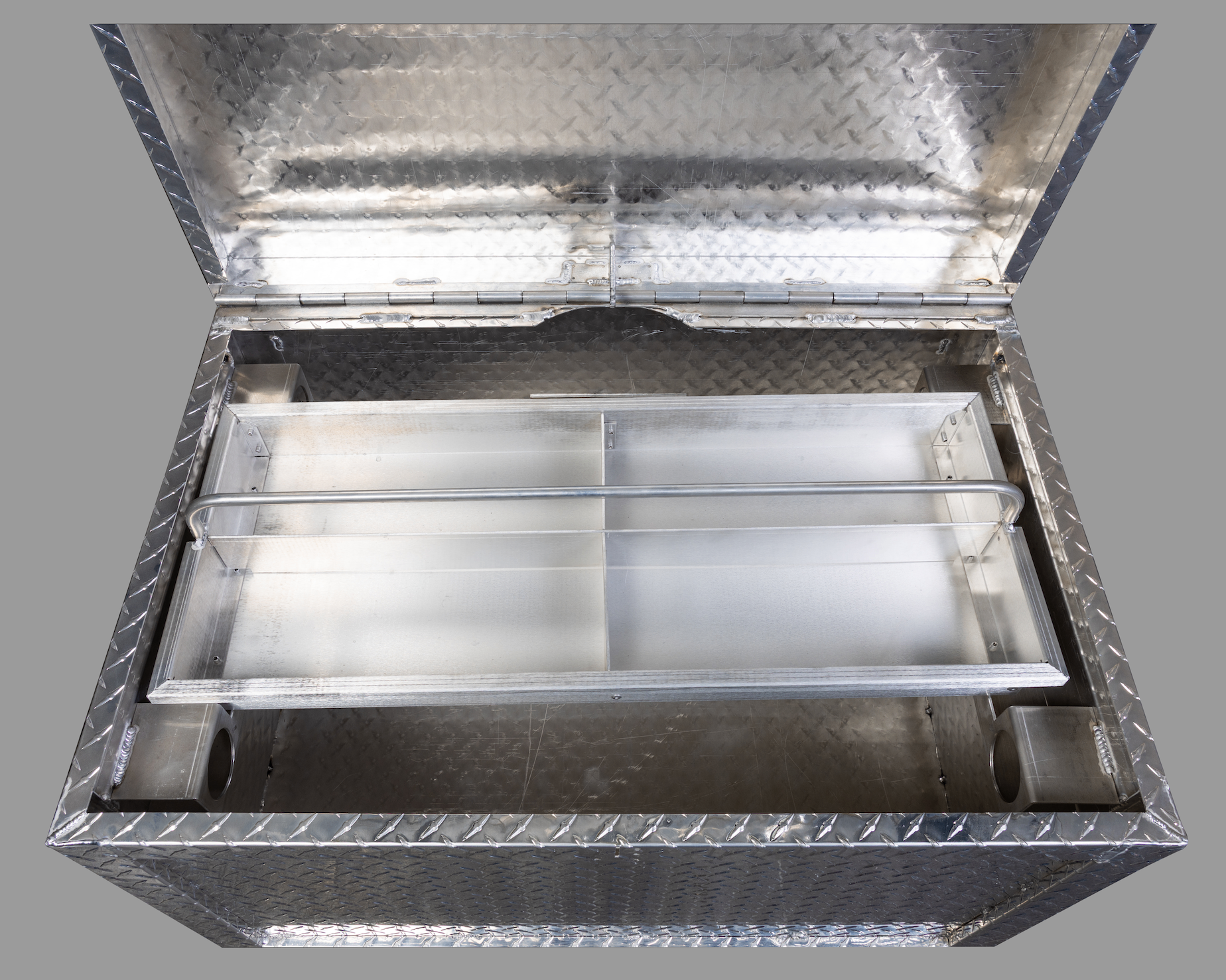 Diamond-plate storage chest, open top view