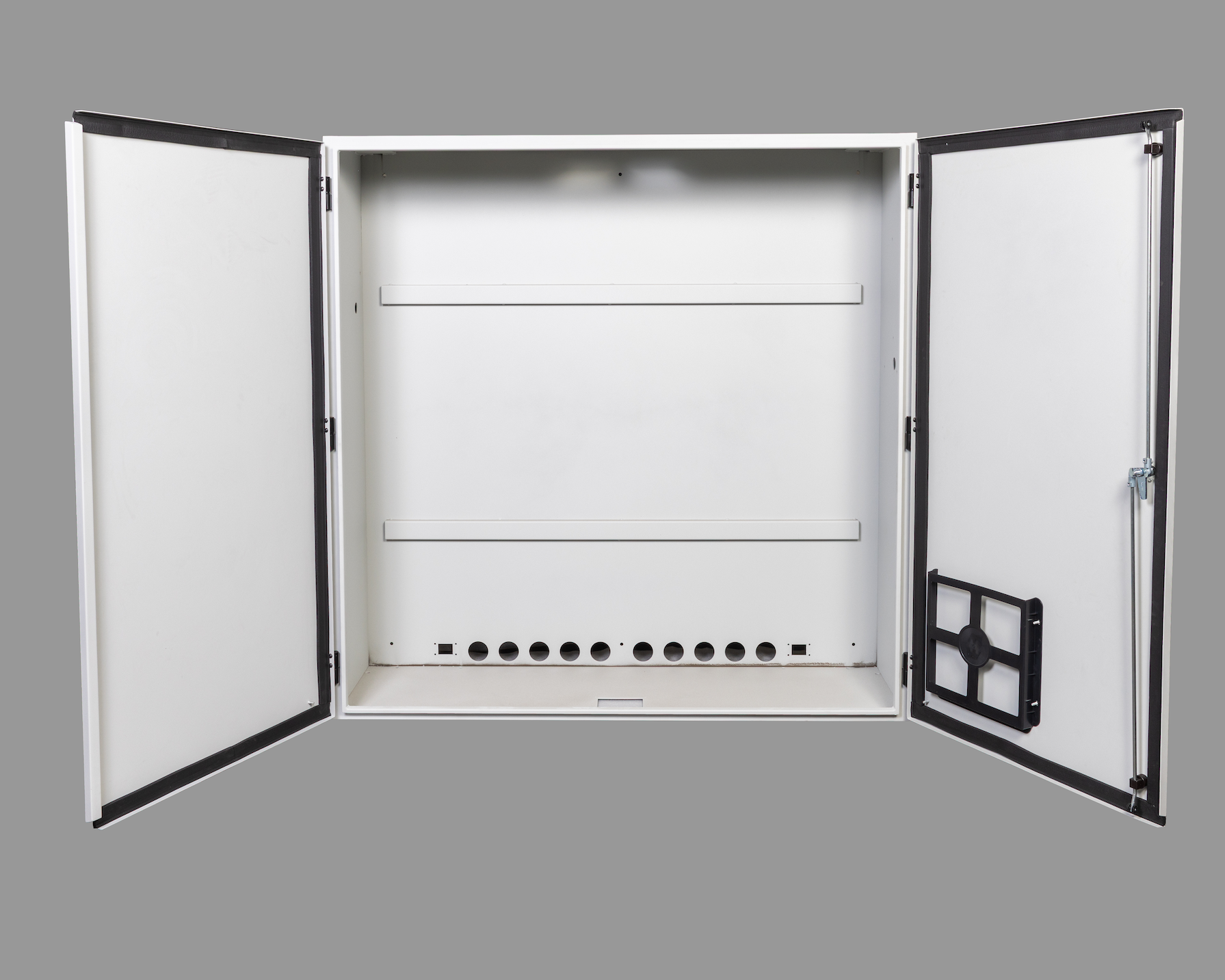 Powdercoated cabinet with doors open
